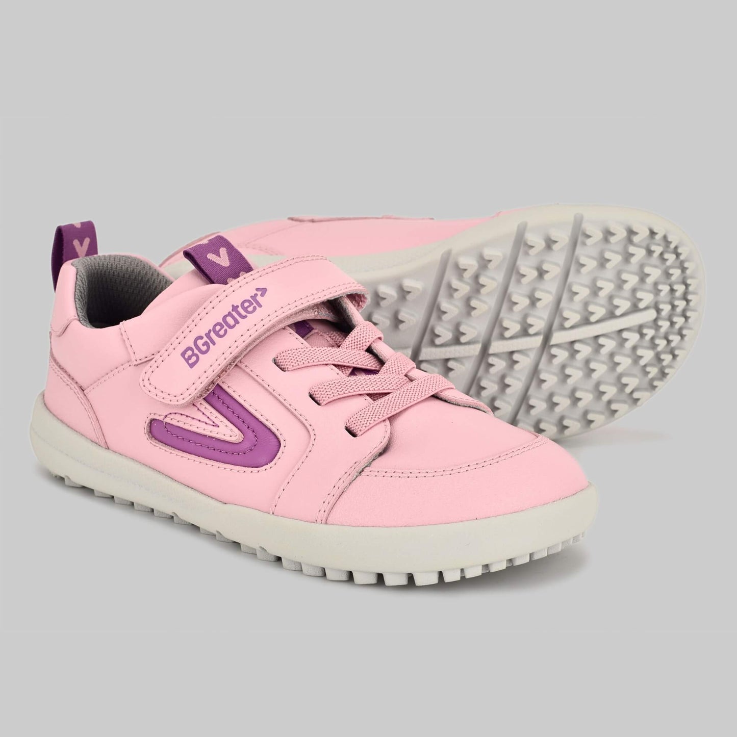 Kids All Leather Trainer in Pink - Pair with sole showing