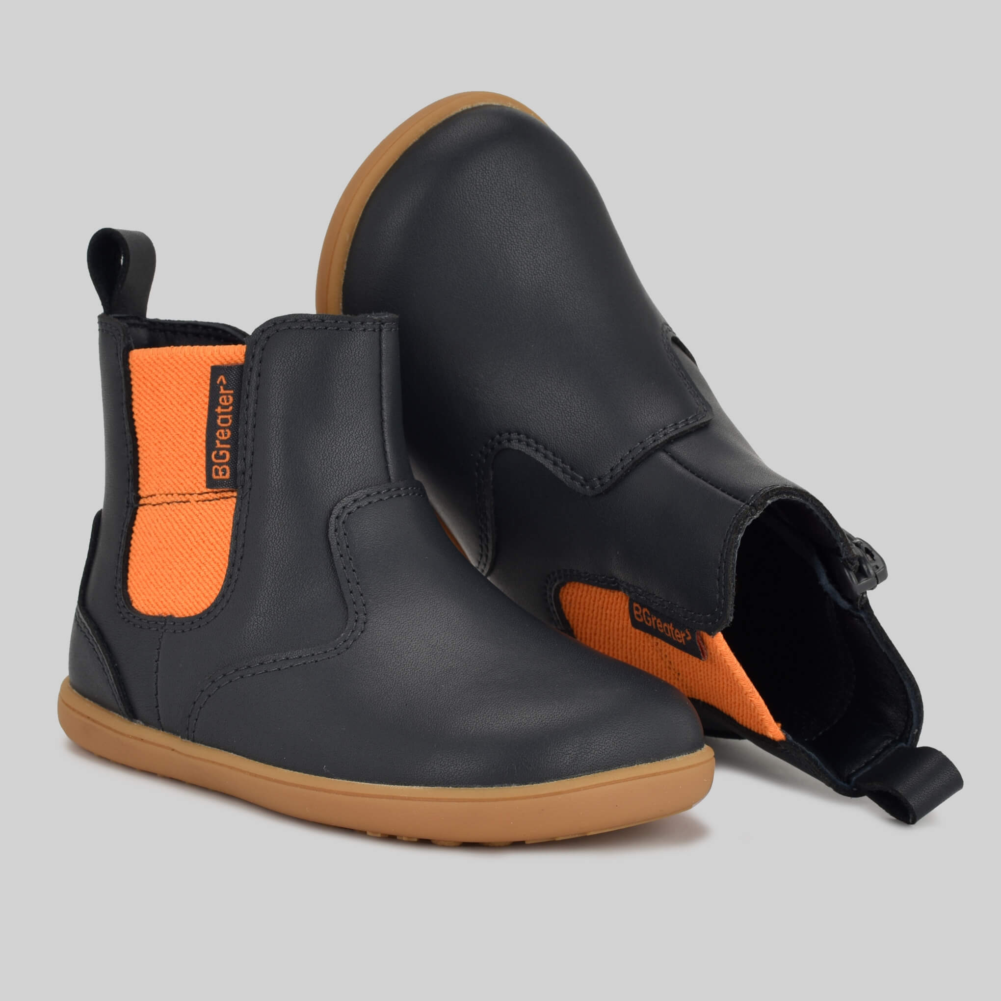 Toddler navy barefoot boots pair top and side angles