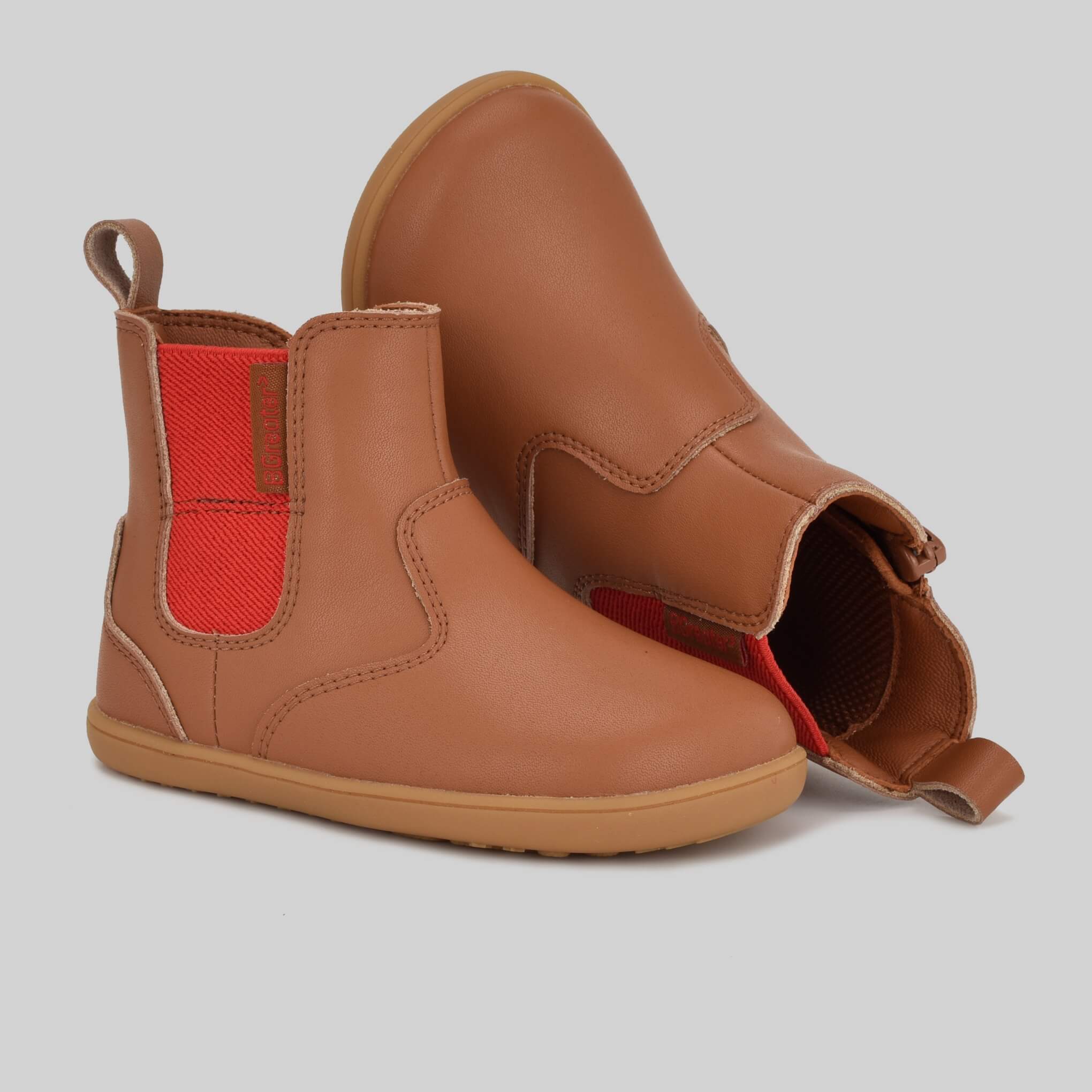 Brown barefoot toddler boots in tan - pair top and side angles