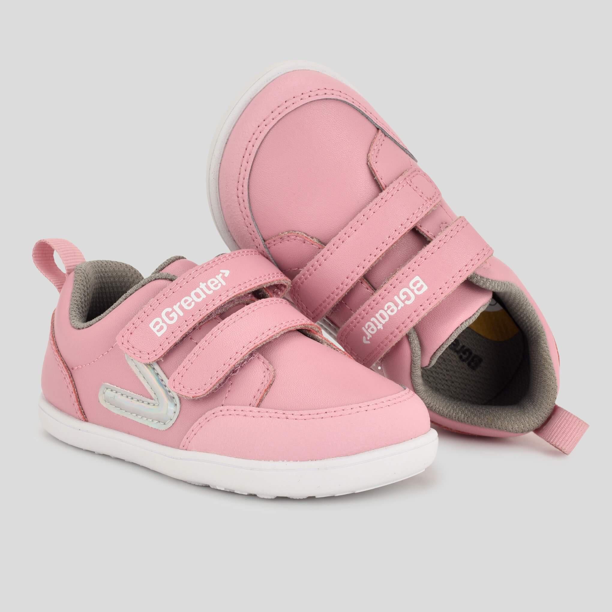 Toddler pink barefoot trainers pair top and side angles