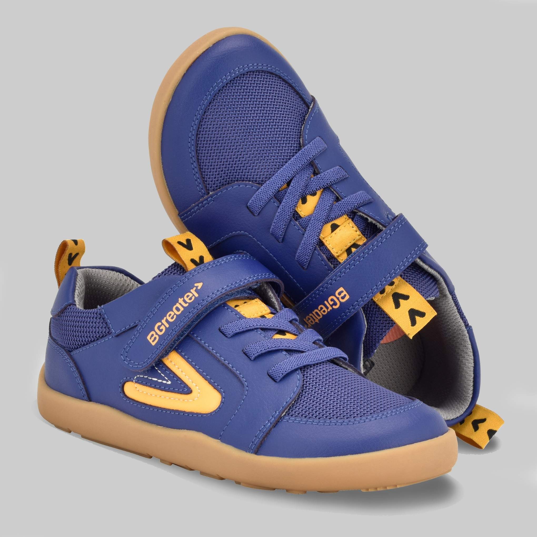 Kids blue barefoot trainers pair top and side angles