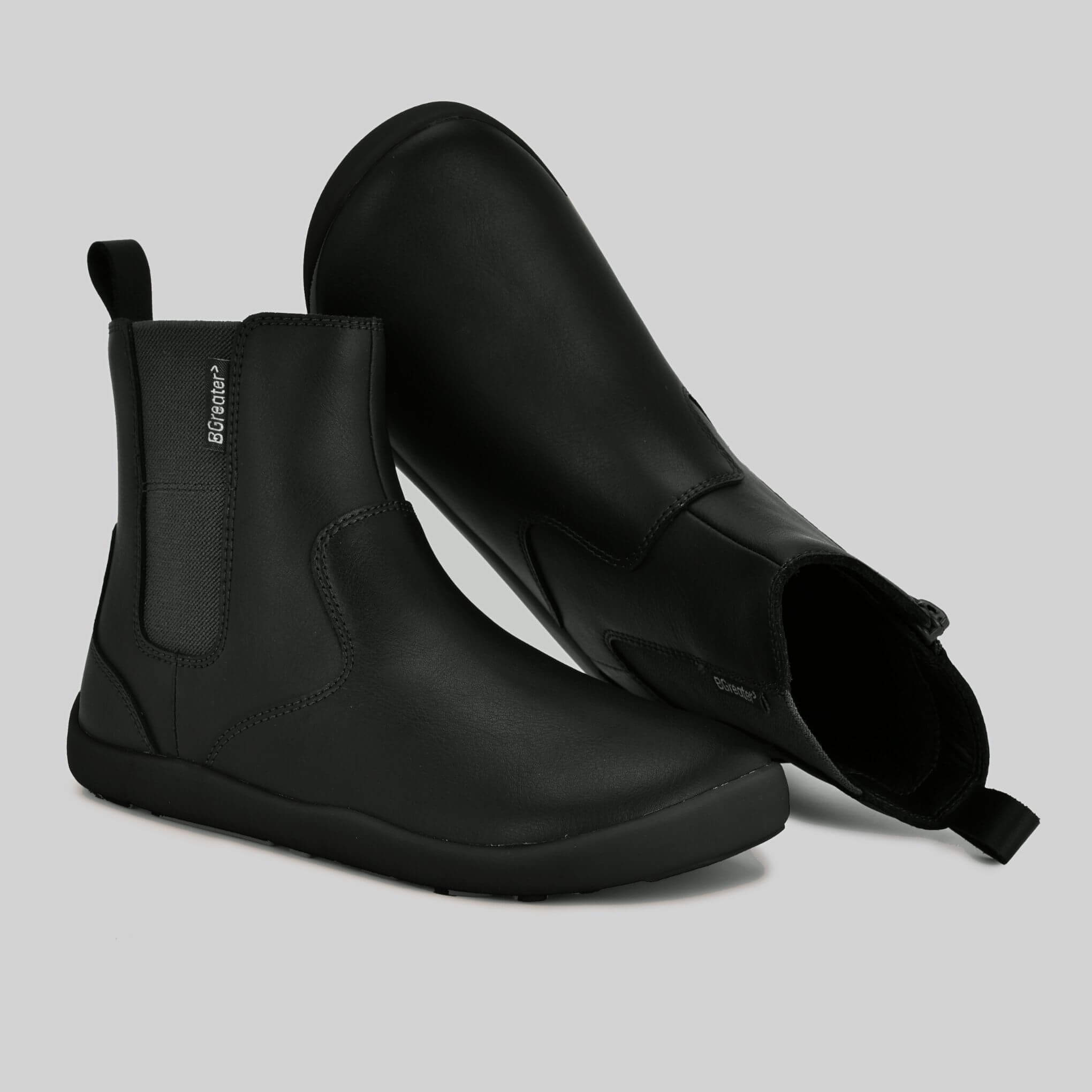 Francis Girls Black Chelsea Barefoot Boots Pair Top and Side Angles