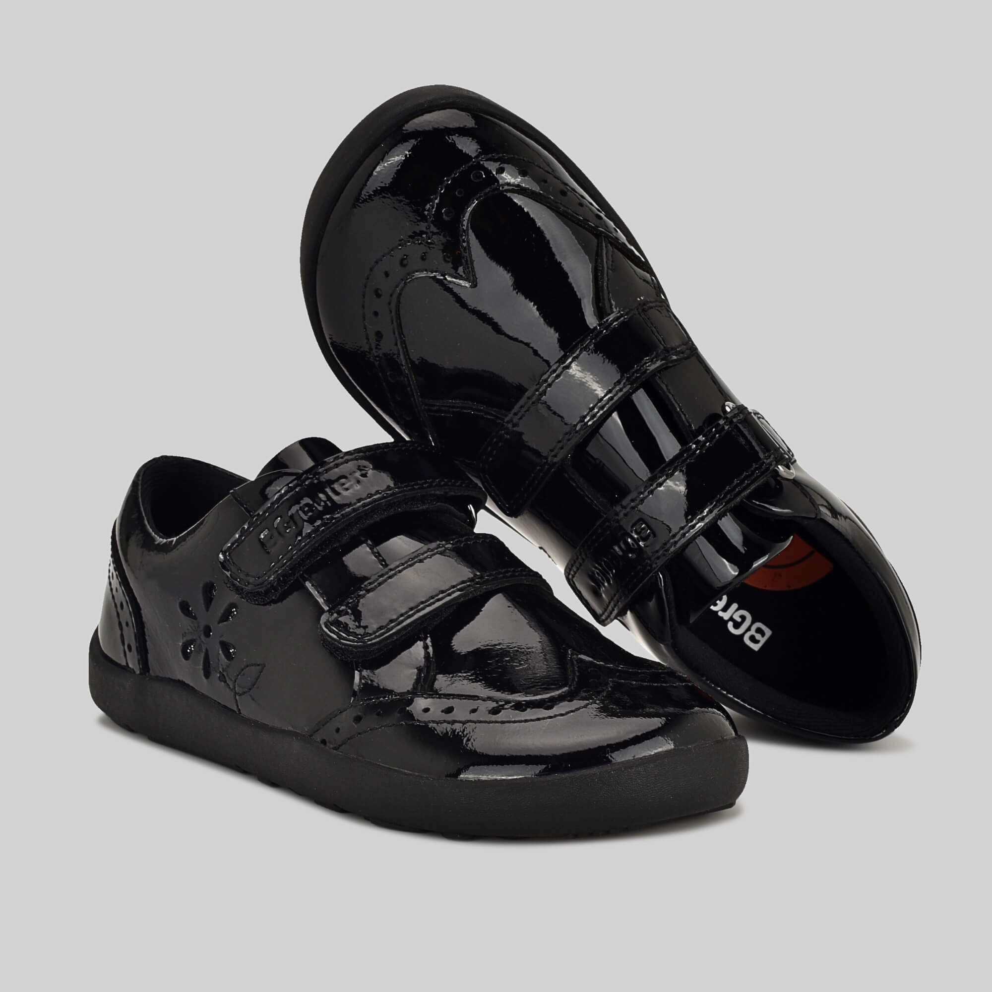 Patent black barefoot girls school shoe - top side - benefits