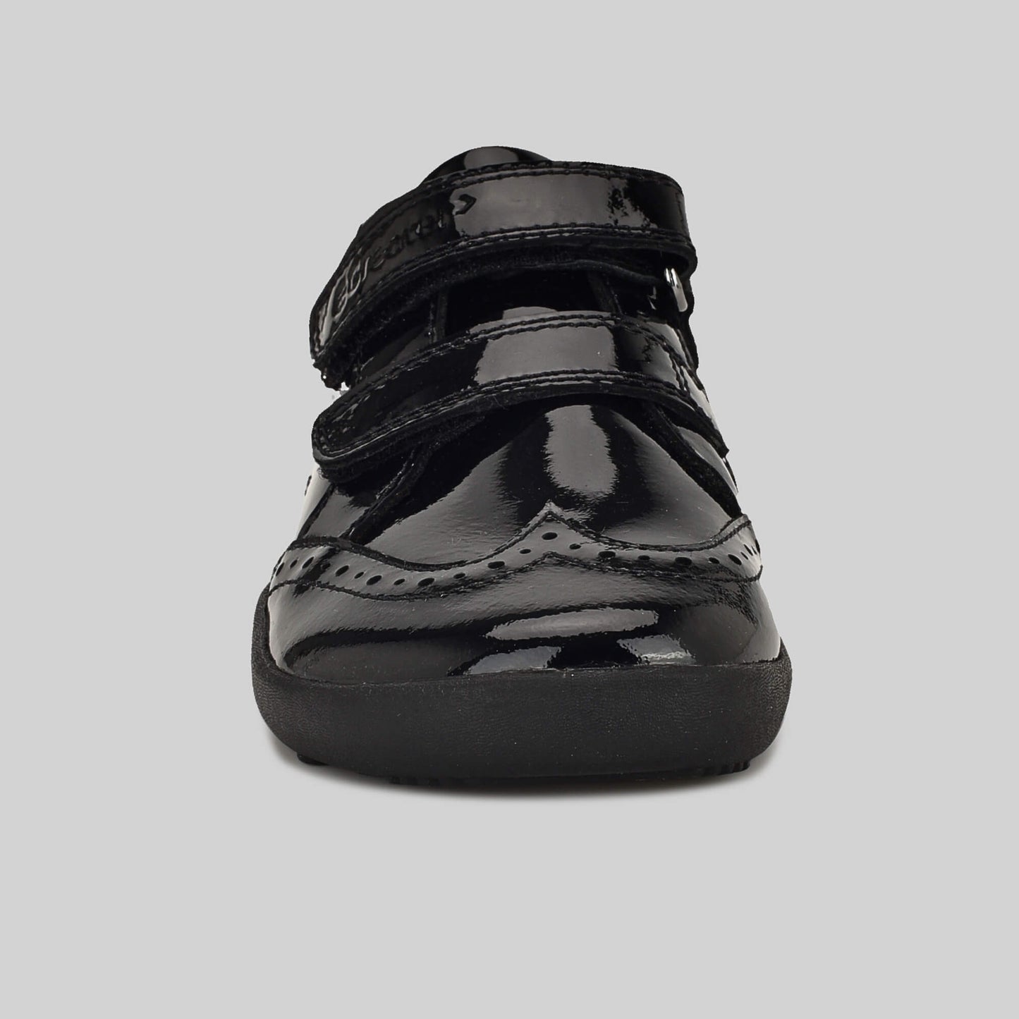 Patent black barefoot girls school shoe - front