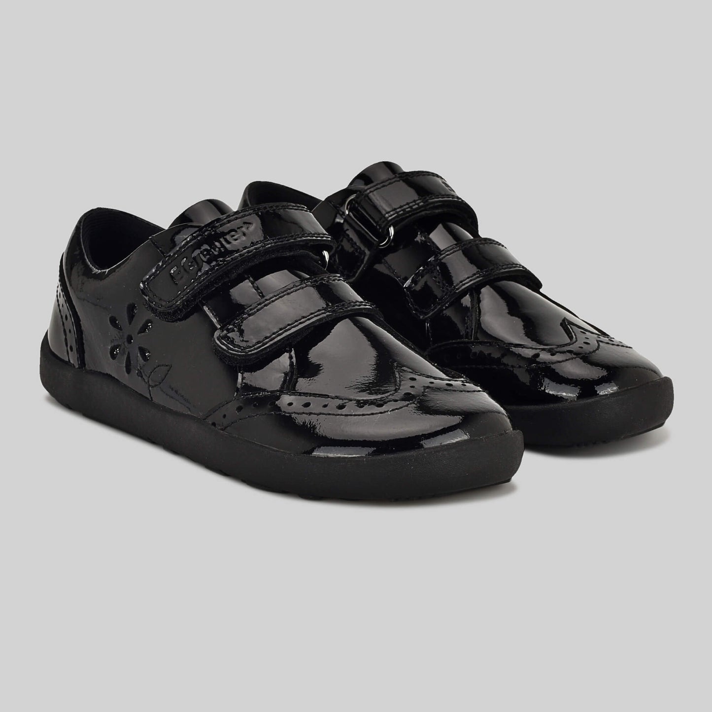 Patent black barefoot girls school shoe - left and right