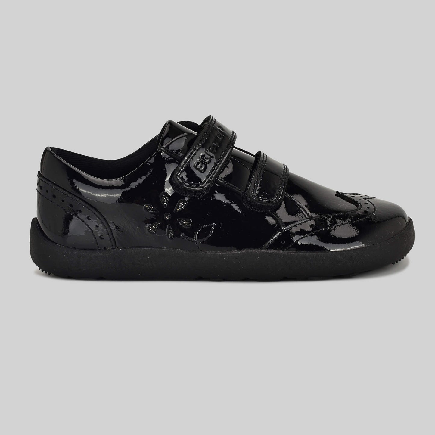 Patent black barefoot girls school shoe - outside