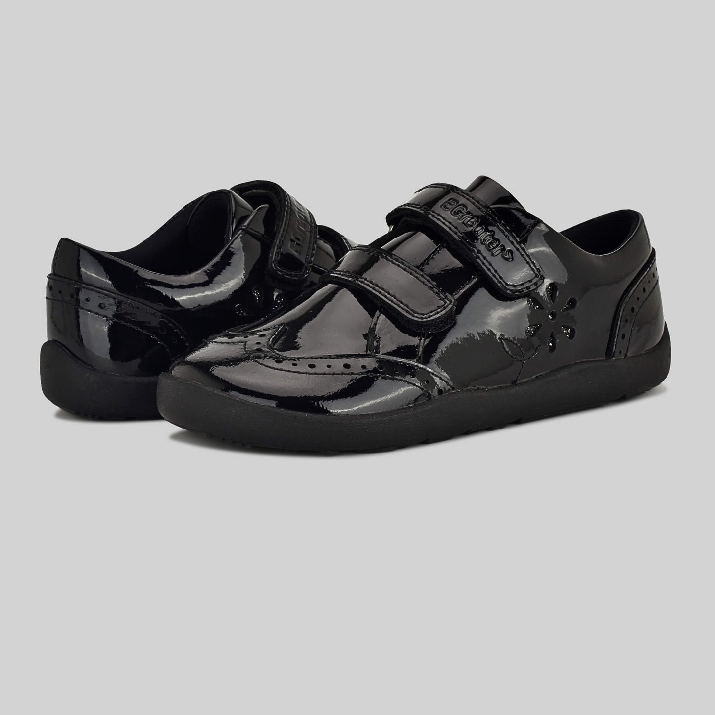 Patent black barefoot girls school shoe - pair facing