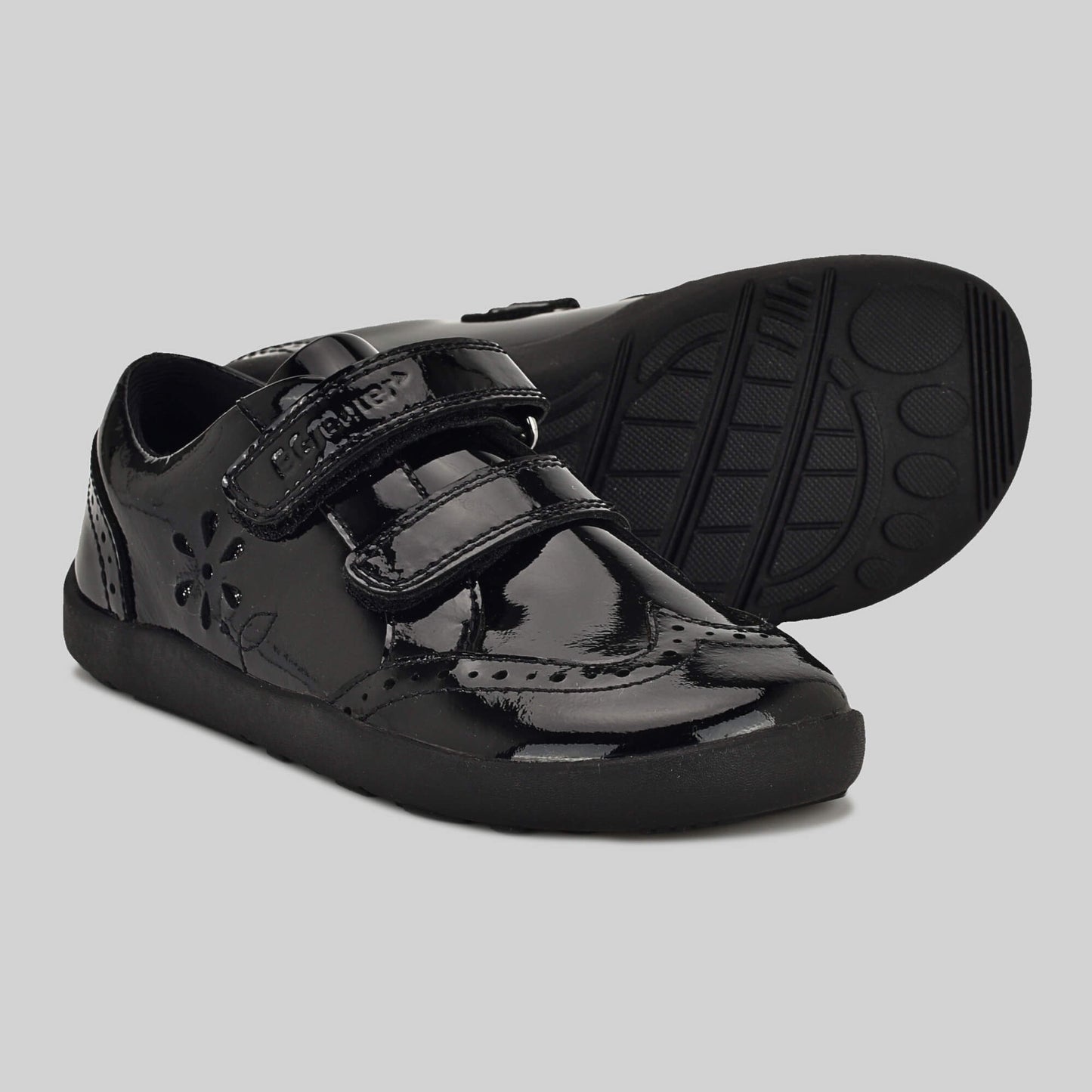 Patent black barefoot girls school shoe - pair with sole