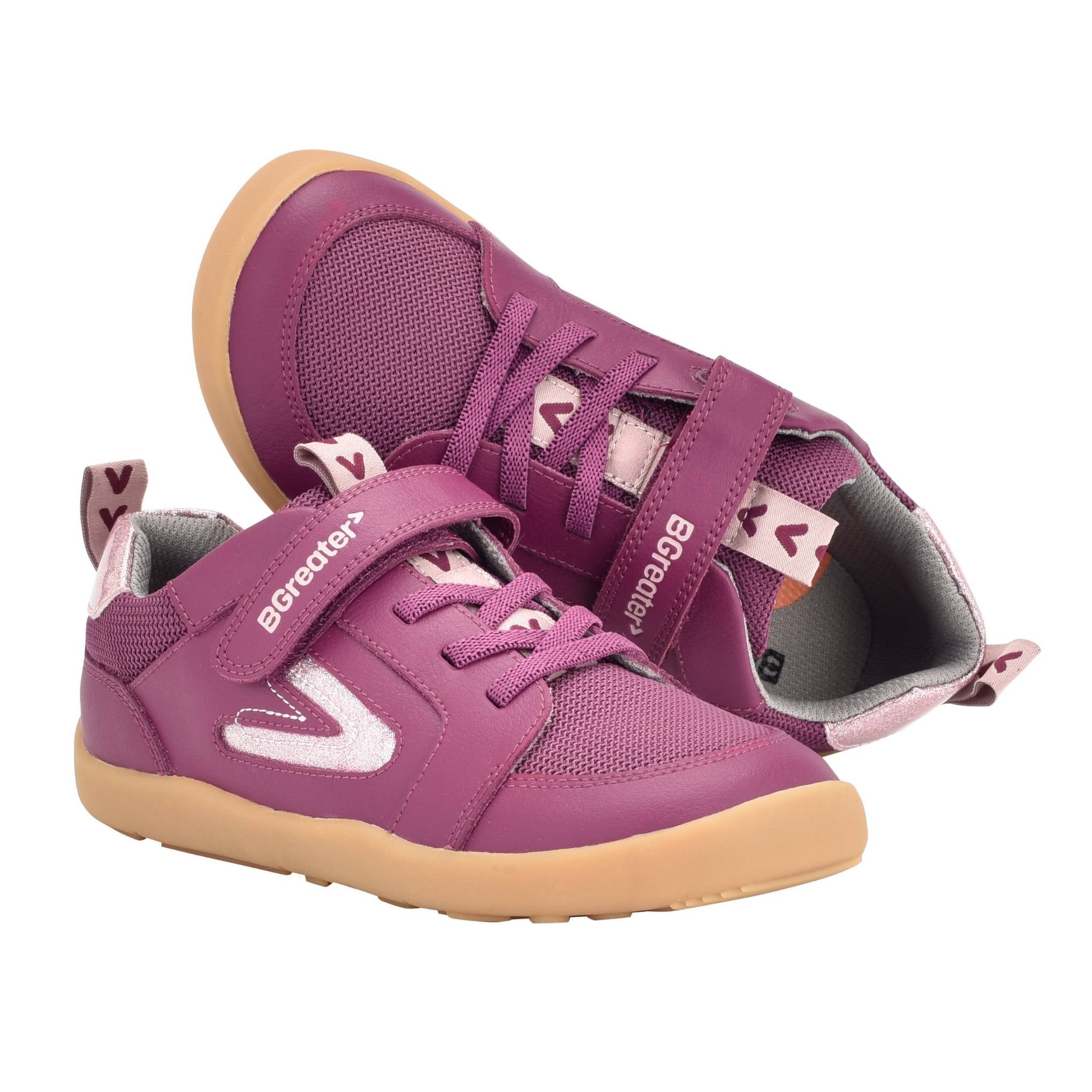 Kids berry barefoot trainers pair top and side angles