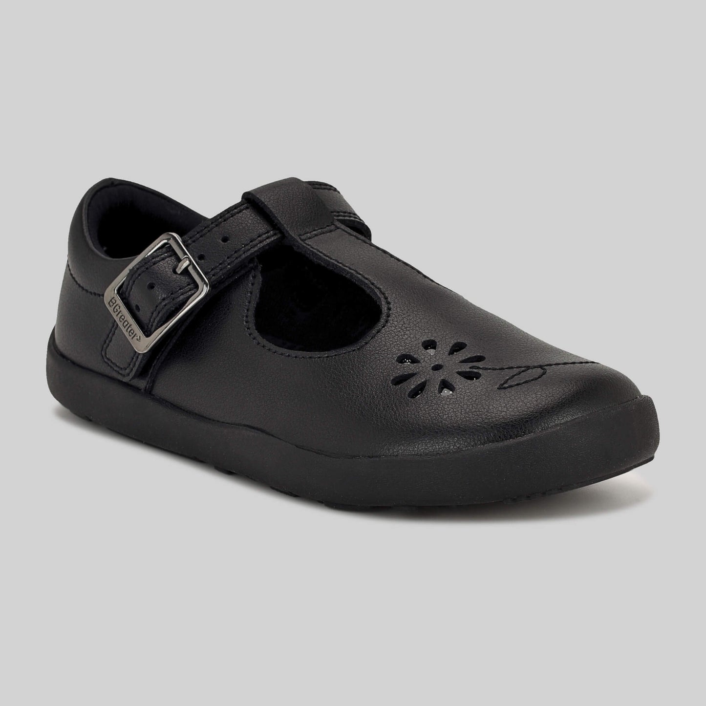 Matte black barefoot girls school shoe - angled