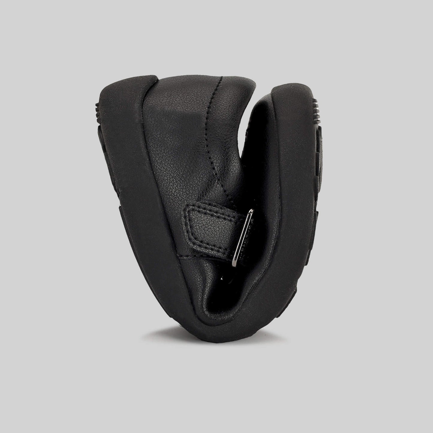 Matte black barefoot girls school shoe - flexed