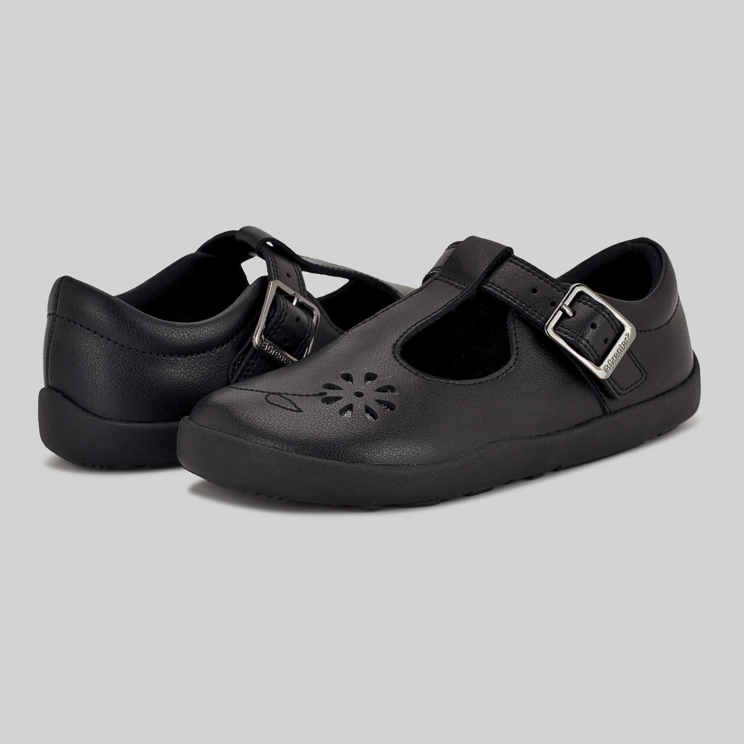 Matte black barefoot girls school shoe - pair facing
