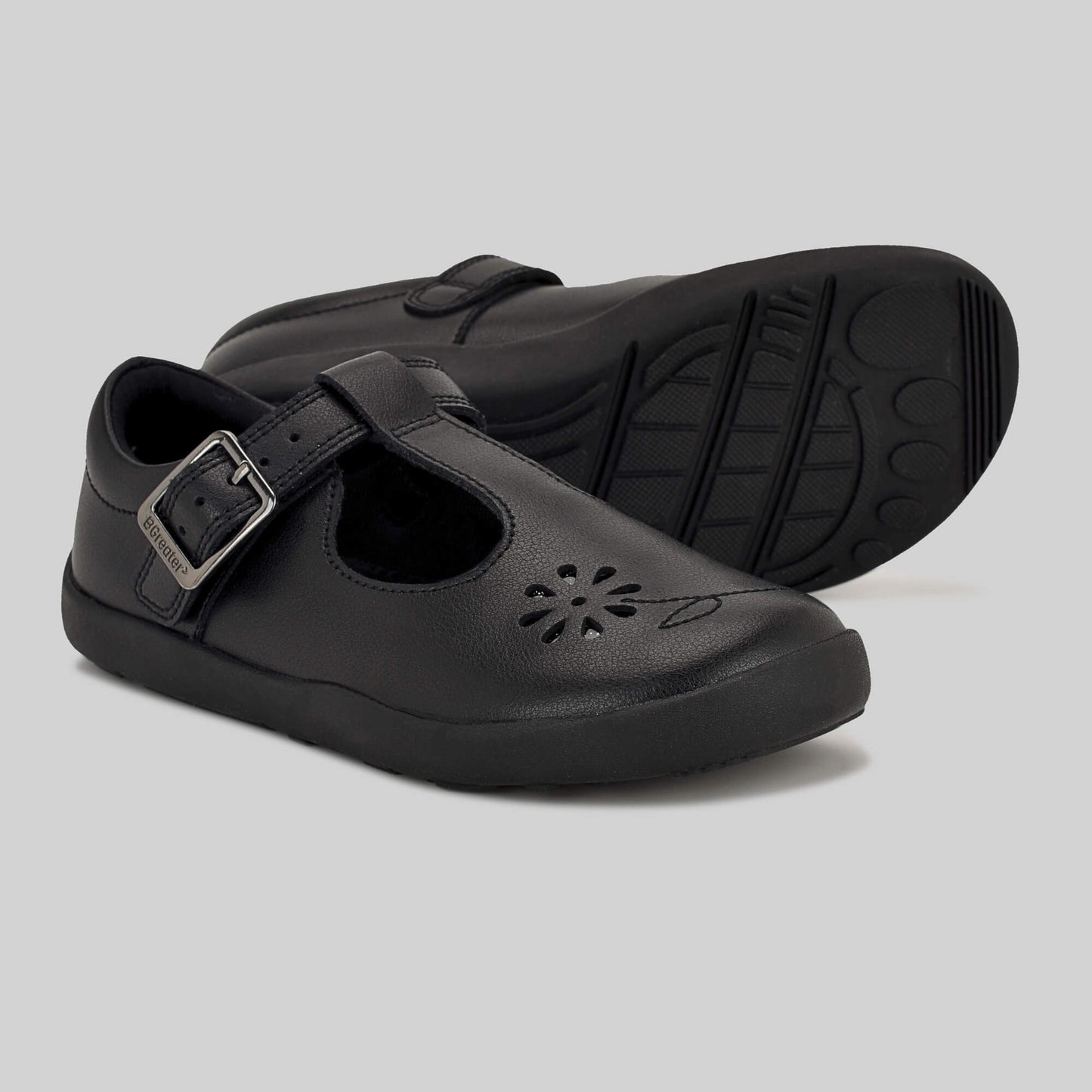 Matte black barefoot girls school shoe - pair with sole