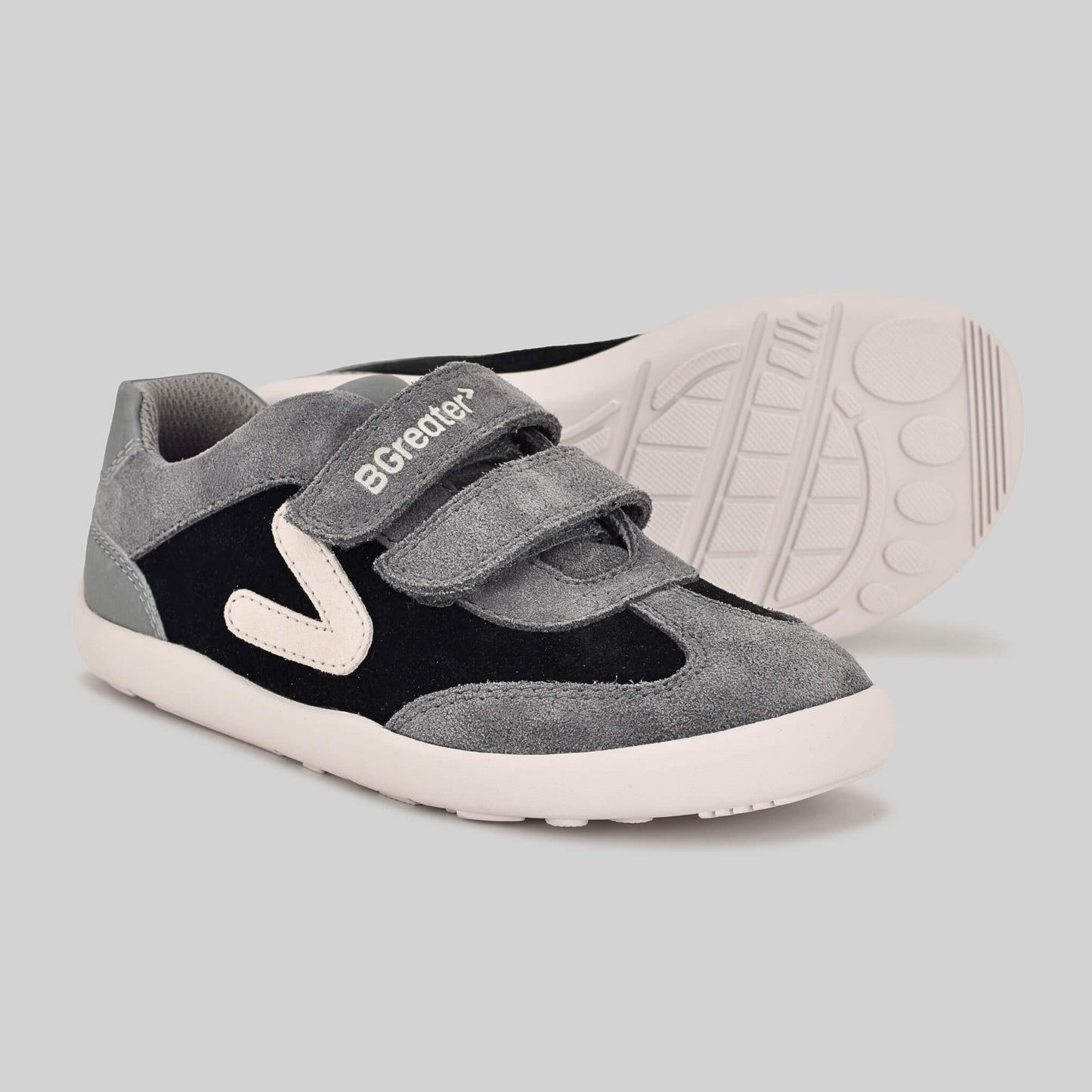 Kids Suede Velcro Trainer Black - Pair with sole showing