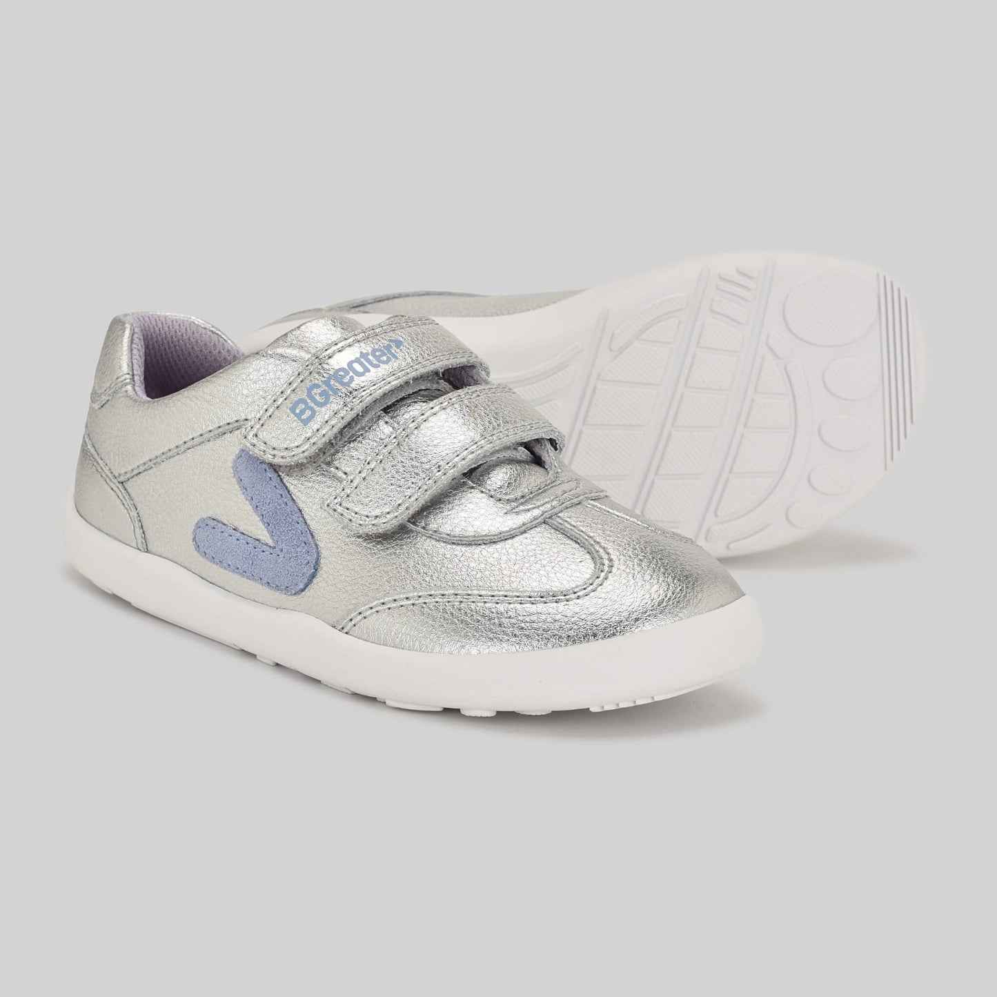 Kids Metallic Silver Velcro Trainer - Pair with sole