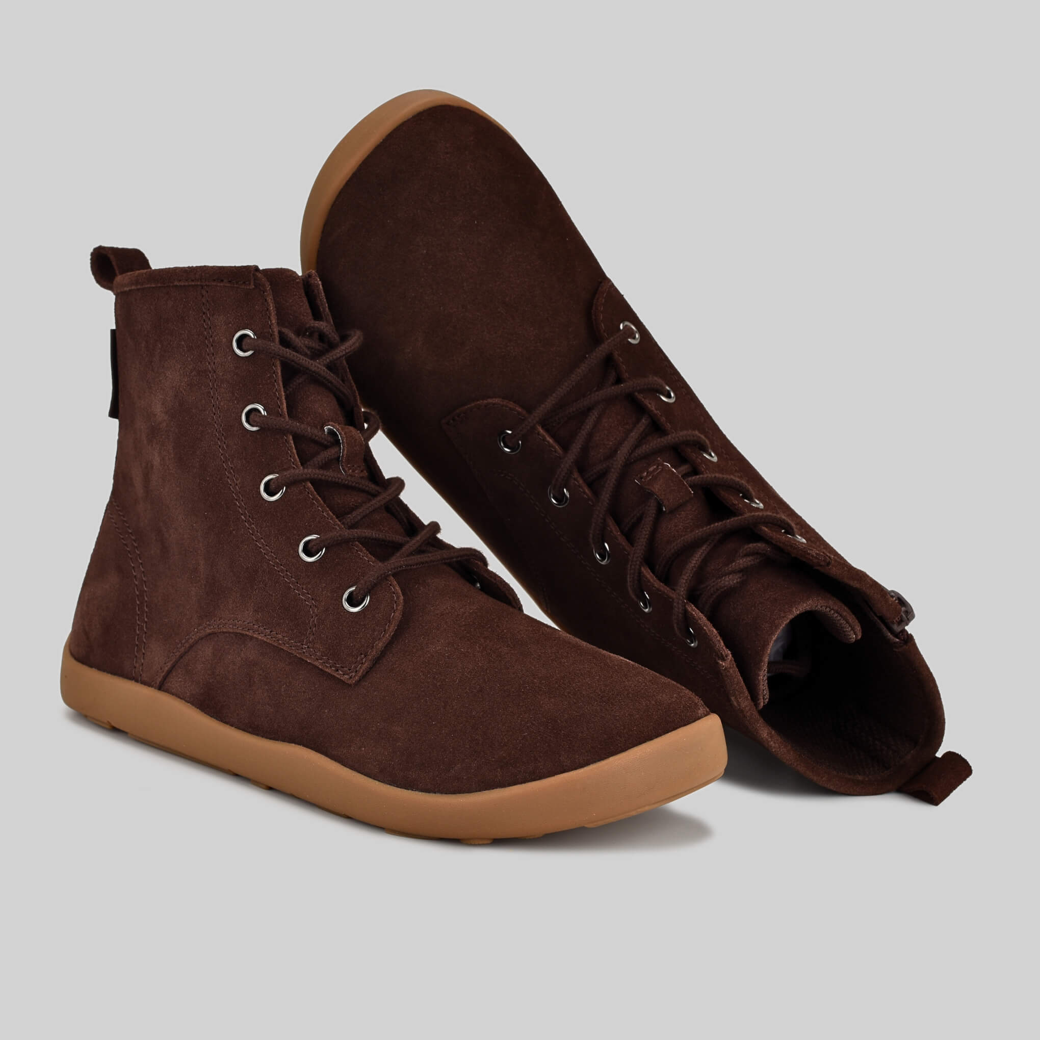 girls brown suede barefoot boots pair top and side angles