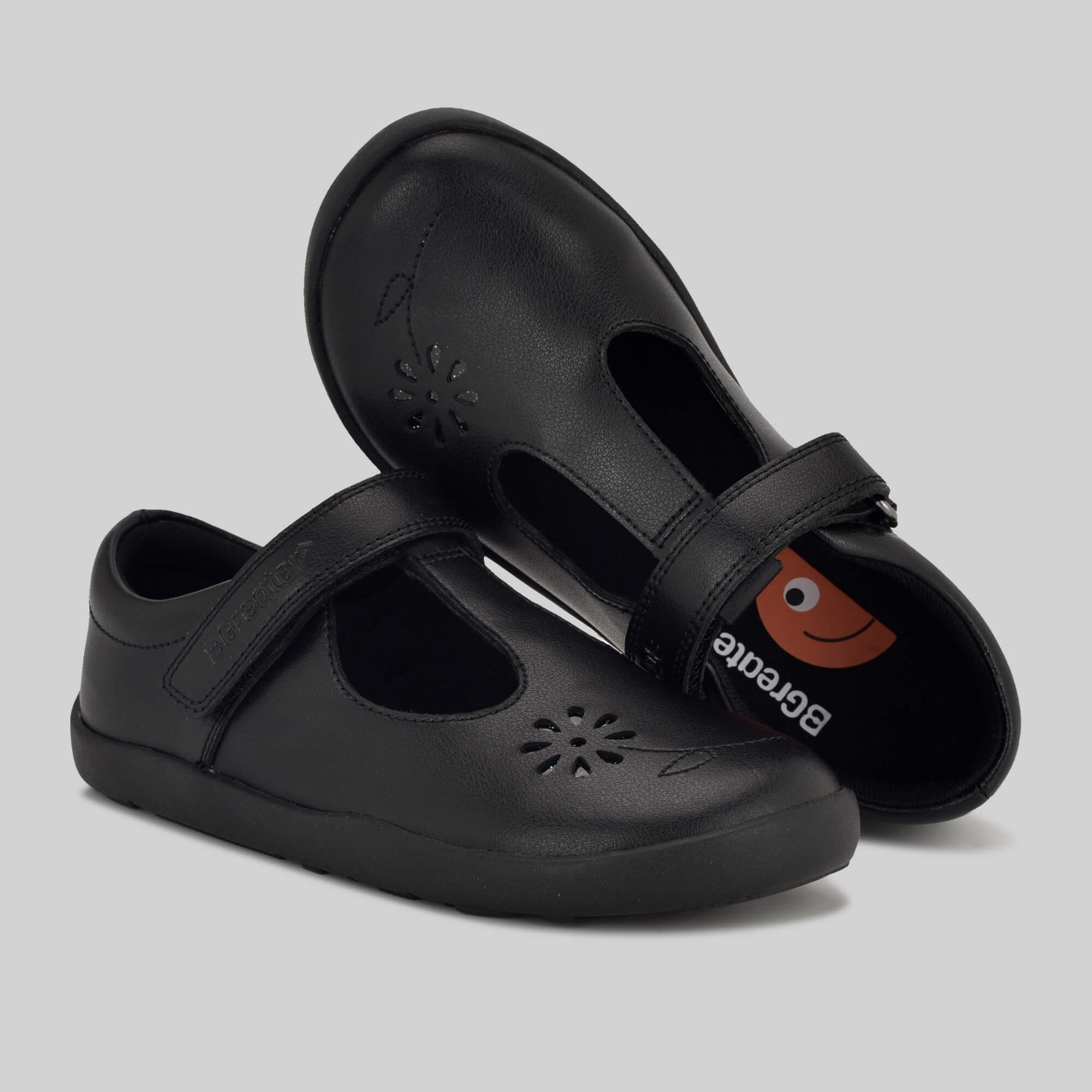 Matte black barefoot girls school shoe - pair front and top shot