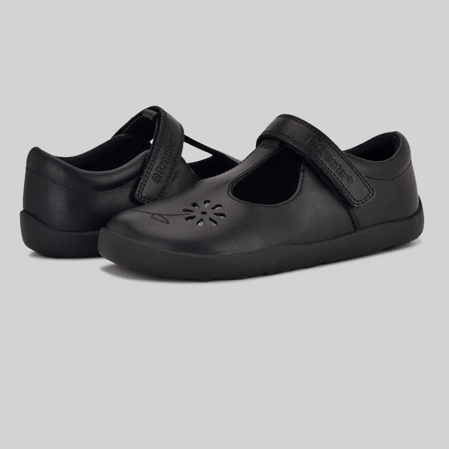 Matte black barefoot girls school shoe - pair front and back