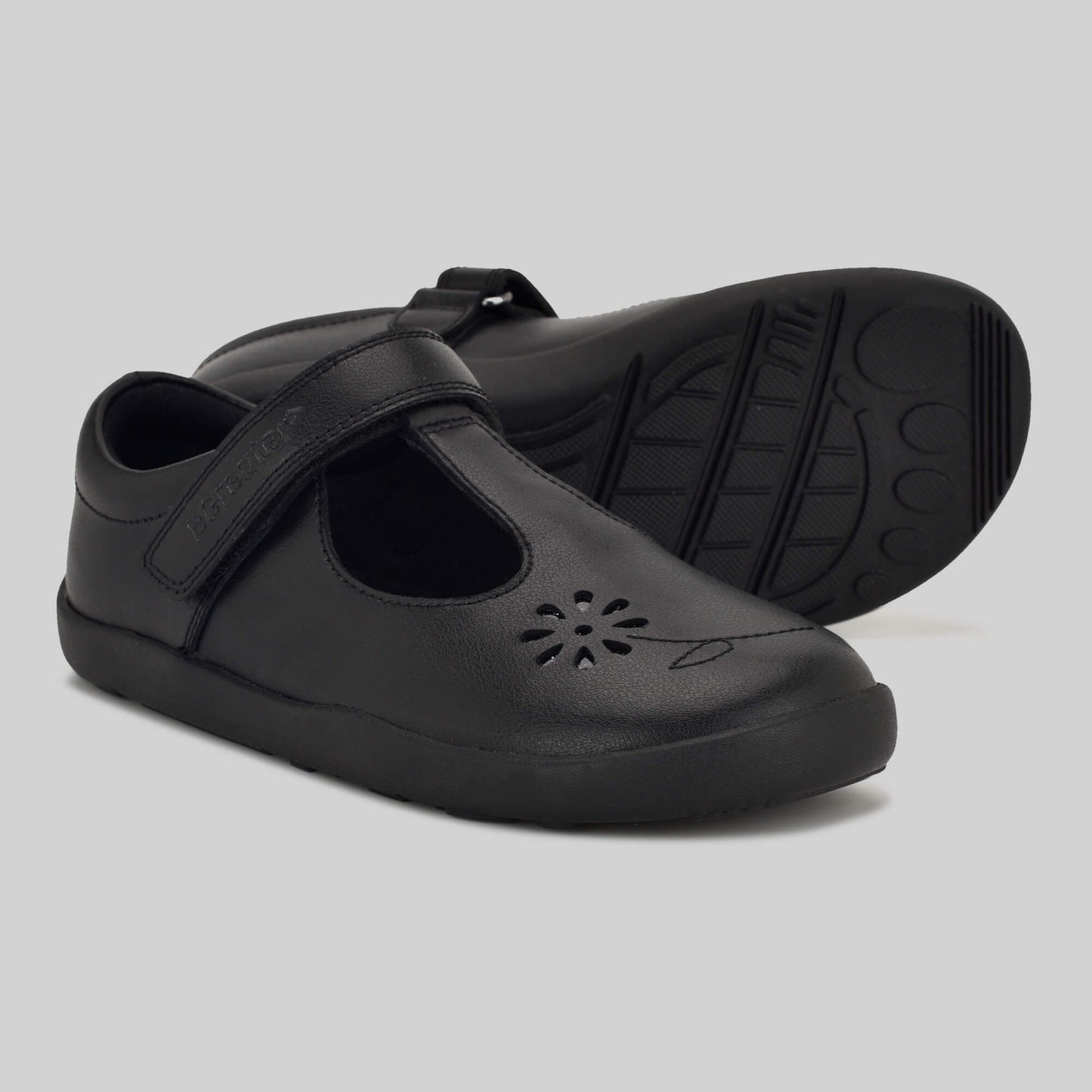 Matte black barefoot girls school shoe - pair with sole showing
