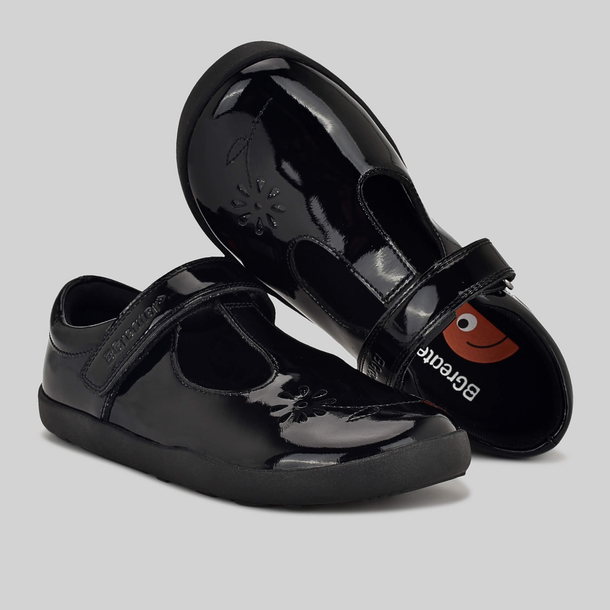 Matte black barefoot girls school shoe - pair front and top shot