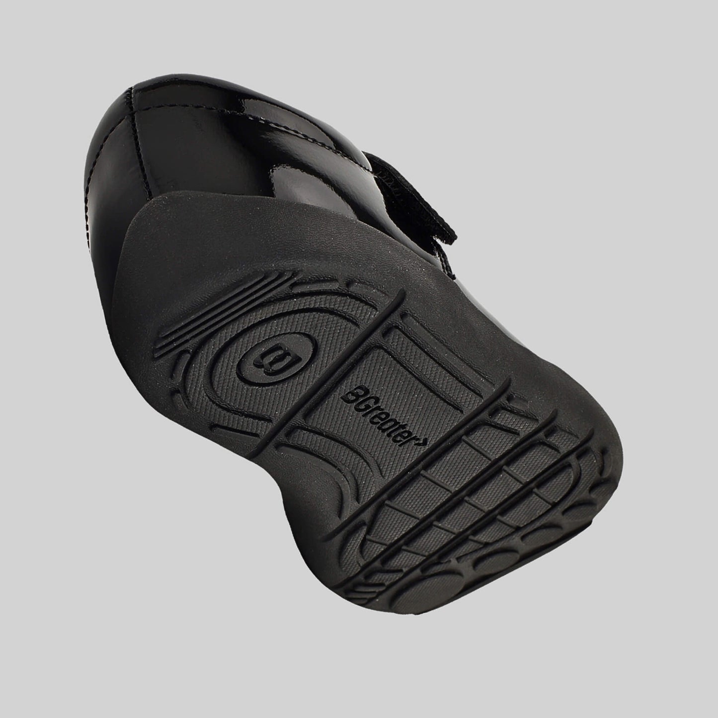 Patent black barefoot girls school shoe - floating shot