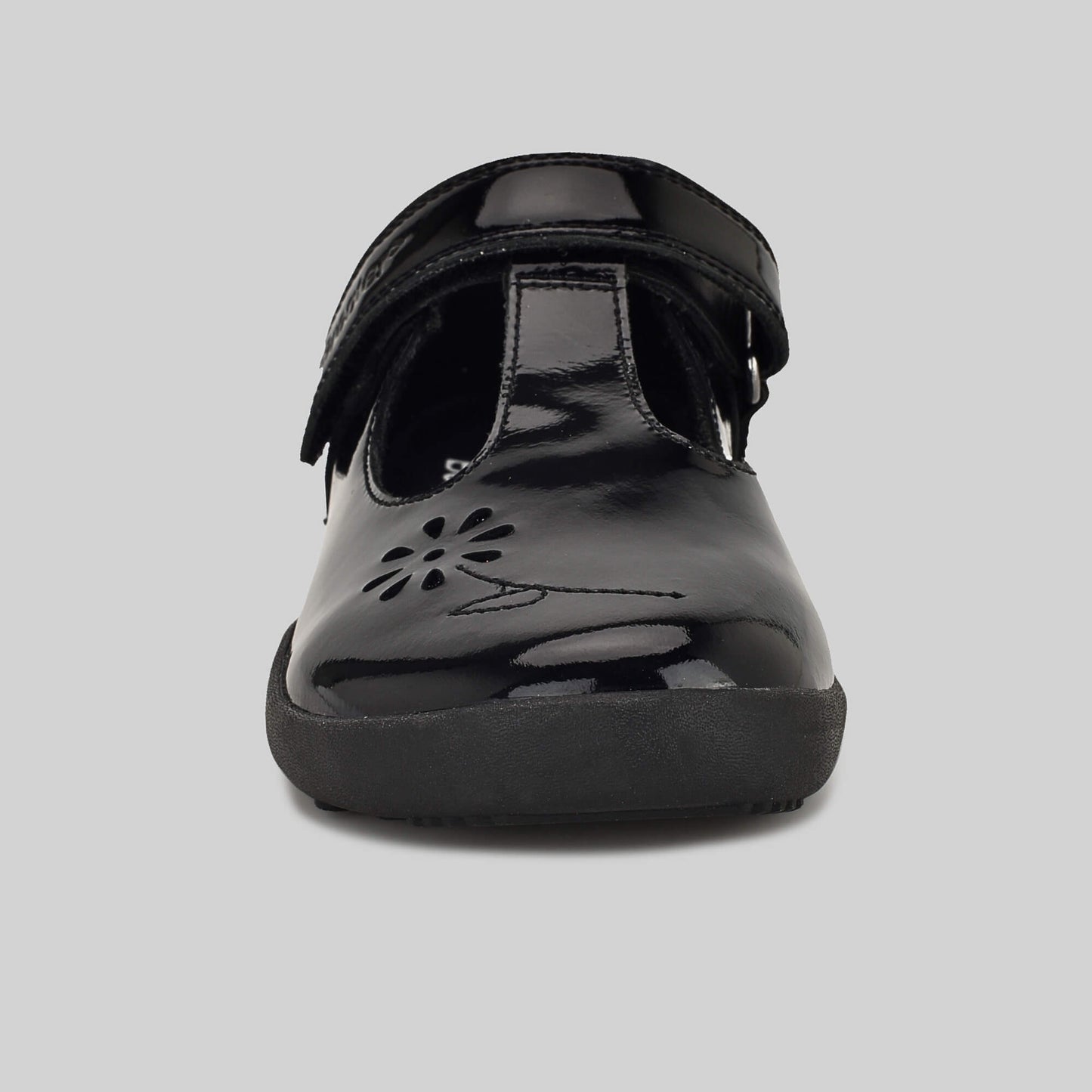 Patent black barefoot girls school shoe - front