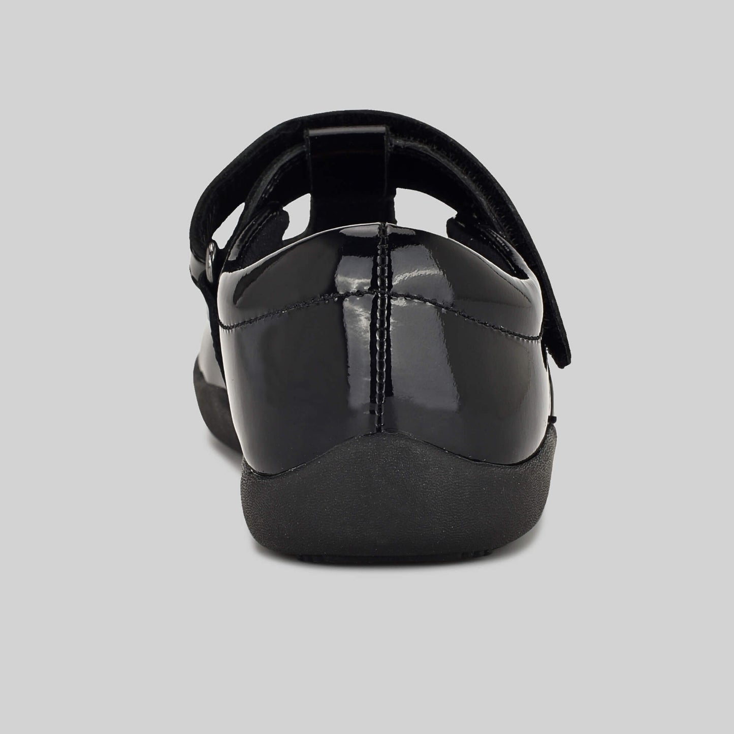 Patent black barefoot girls school shoe - back