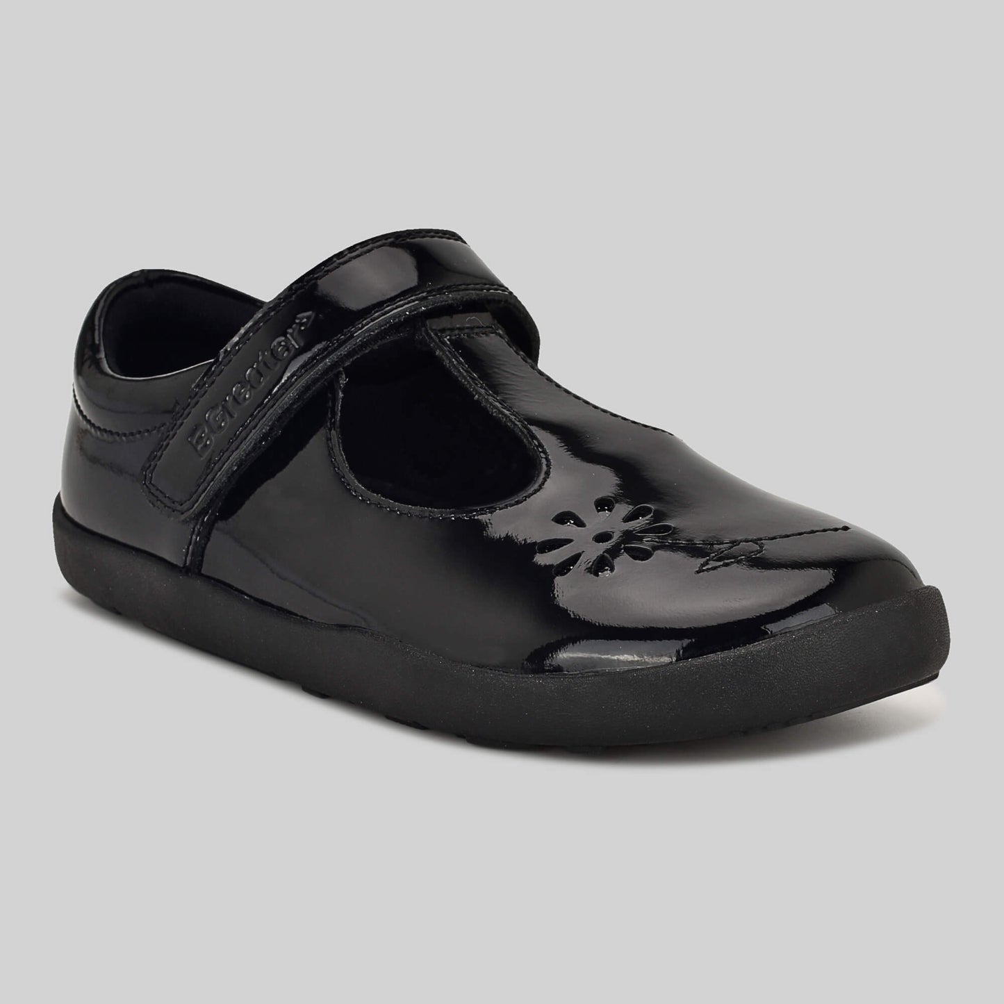 Patent black barefoot girls school shoe - main feature photo