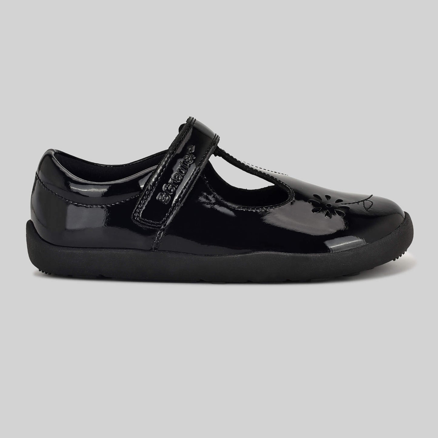 Patent black barefoot girls school shoe - outside