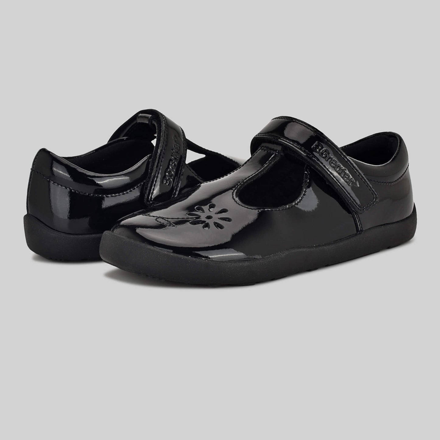 Patent black barefoot girls school shoe - pair front and back