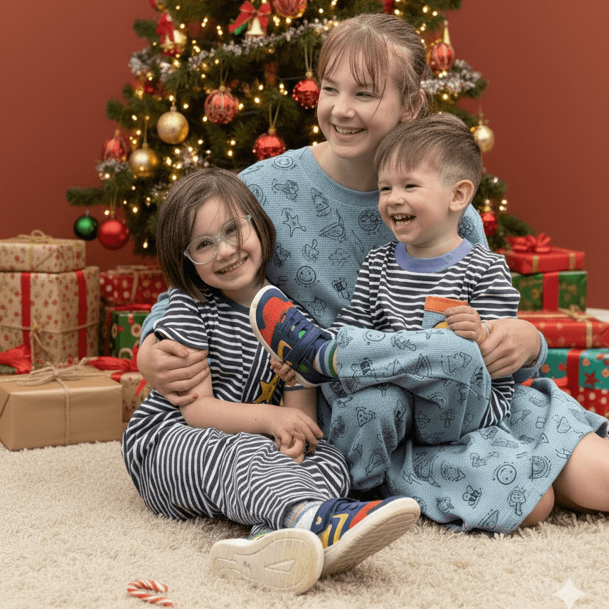 Family sitting in front of Christmas tree