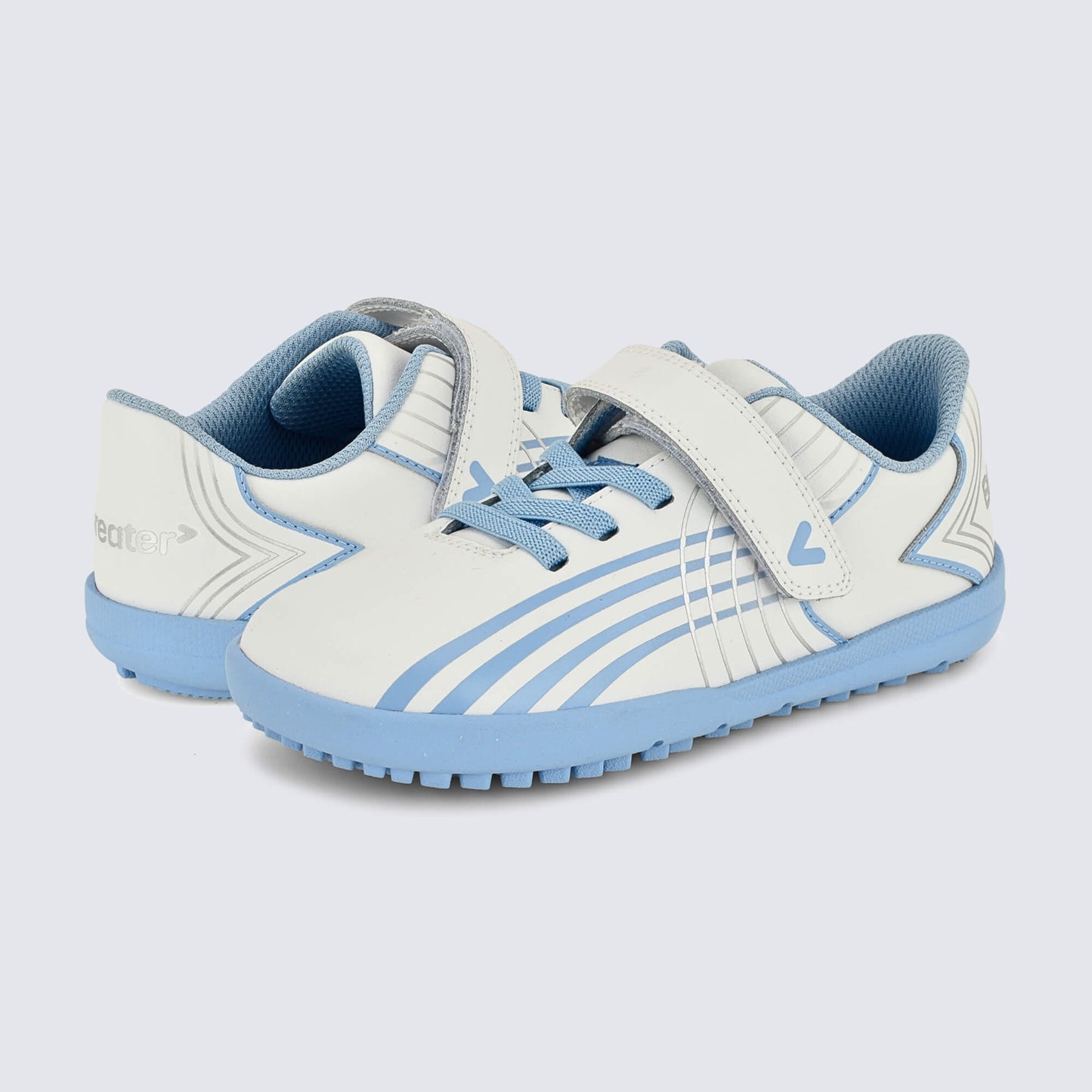 Kids Astro Turf Trainer in White Blue - pair facing