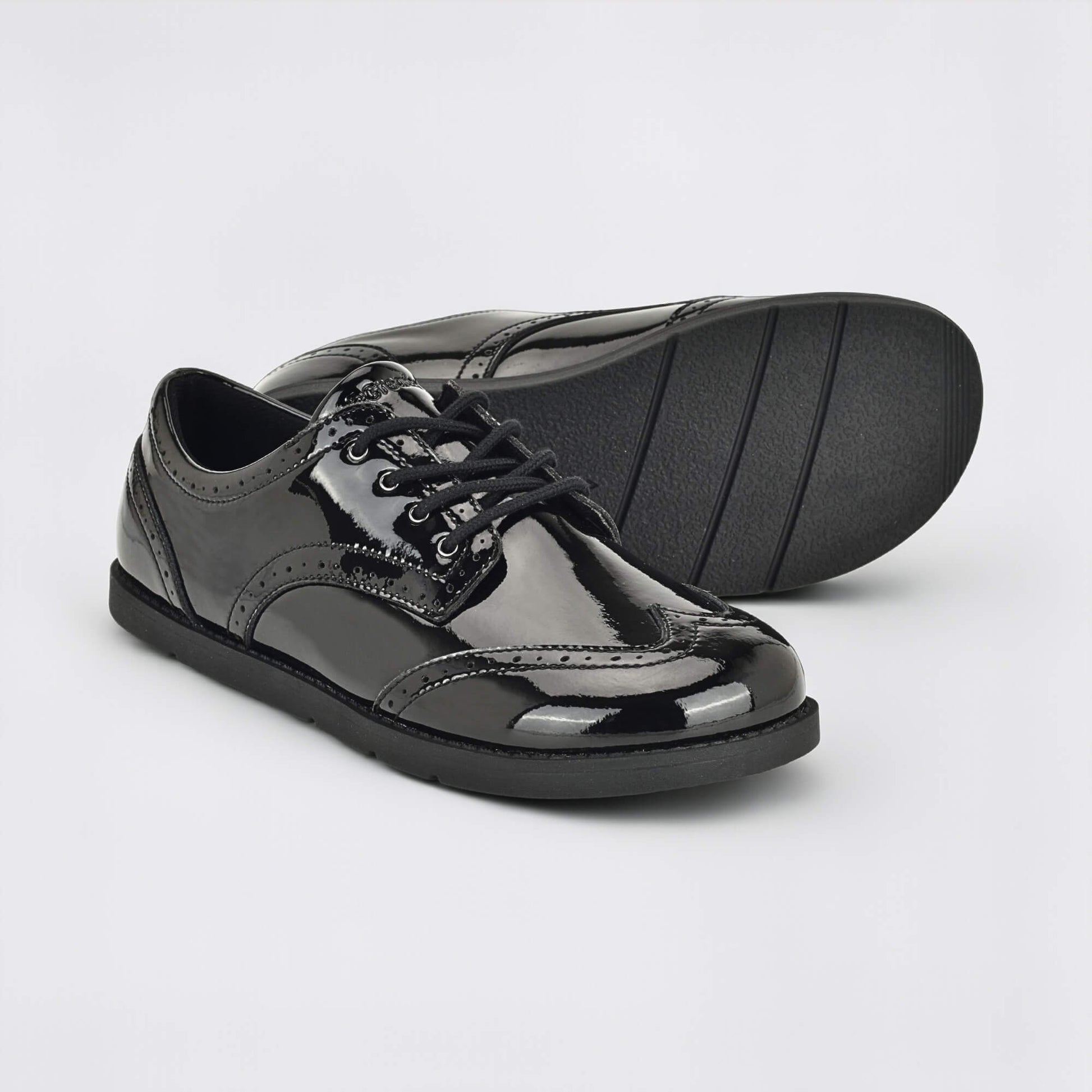 Girls Patent Black Barefoot School Shoe - pair with sole