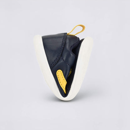 Navy Ochre barefoot toddler trainer - flexed