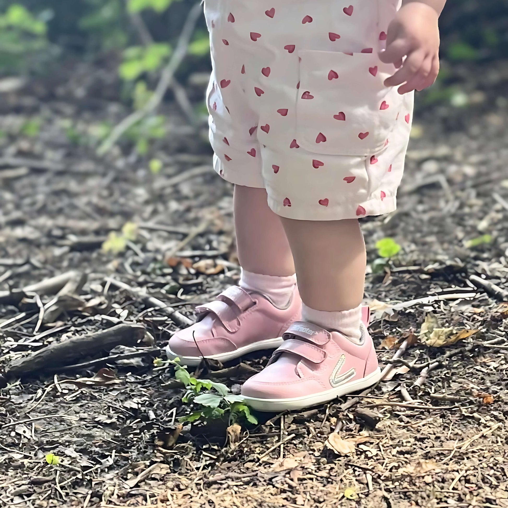 girl wearing pink barefoot trainers in forest