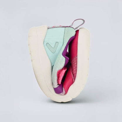 Pink Teal barefoot kids trainer - flexed