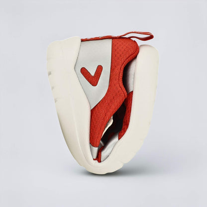 Red Silver barefoot kids trainer - flexed