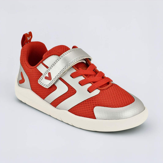 Red Silver barefoot kids trainer - main feature photo