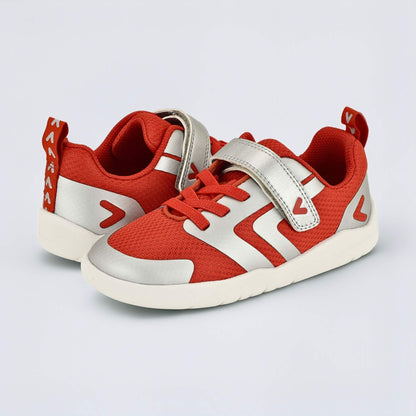 Red Silver barefoot kids trainer - pair facing