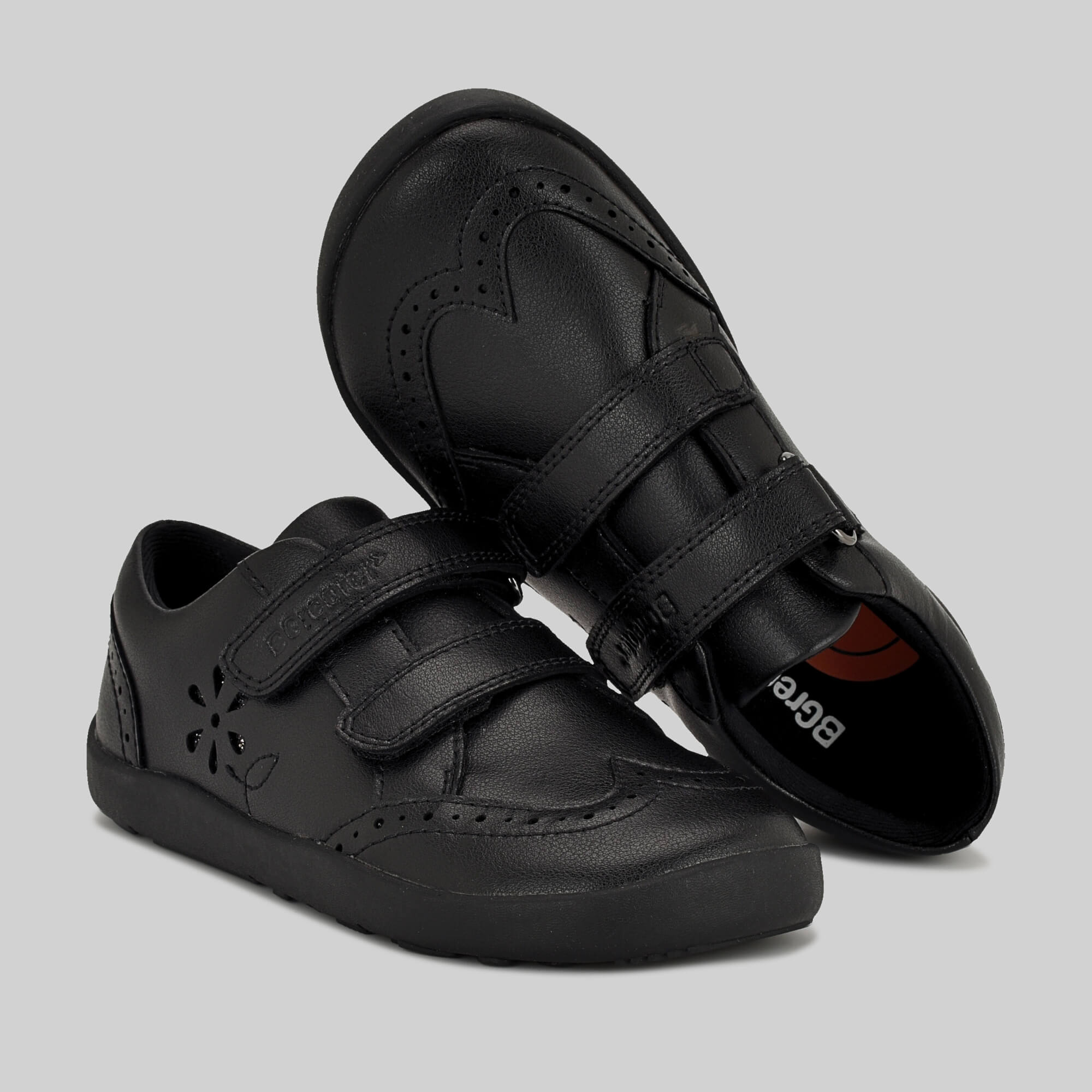 Matte black barefoot girls school shoe - top side - benefits