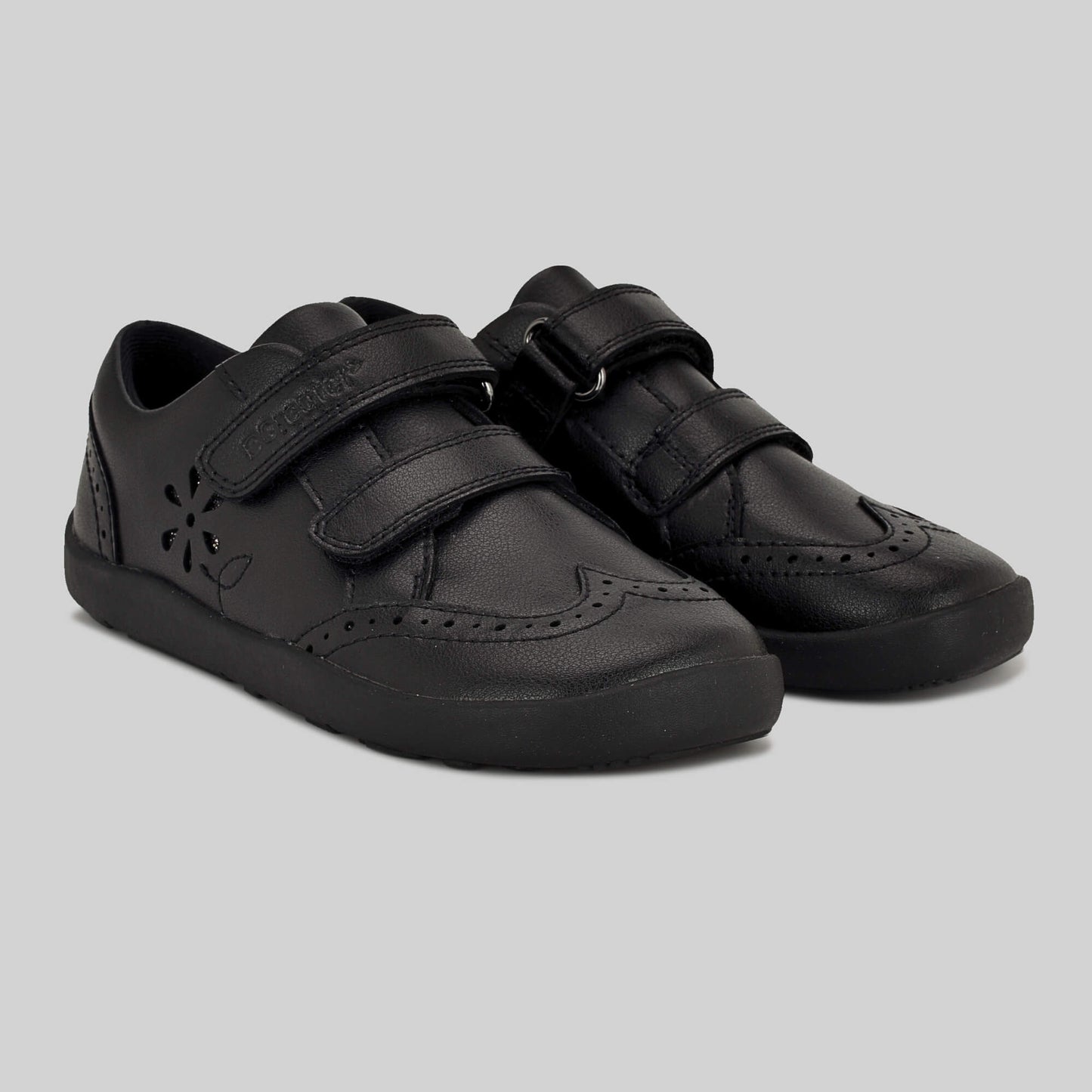 Matte black barefoot girls school shoe - left and right