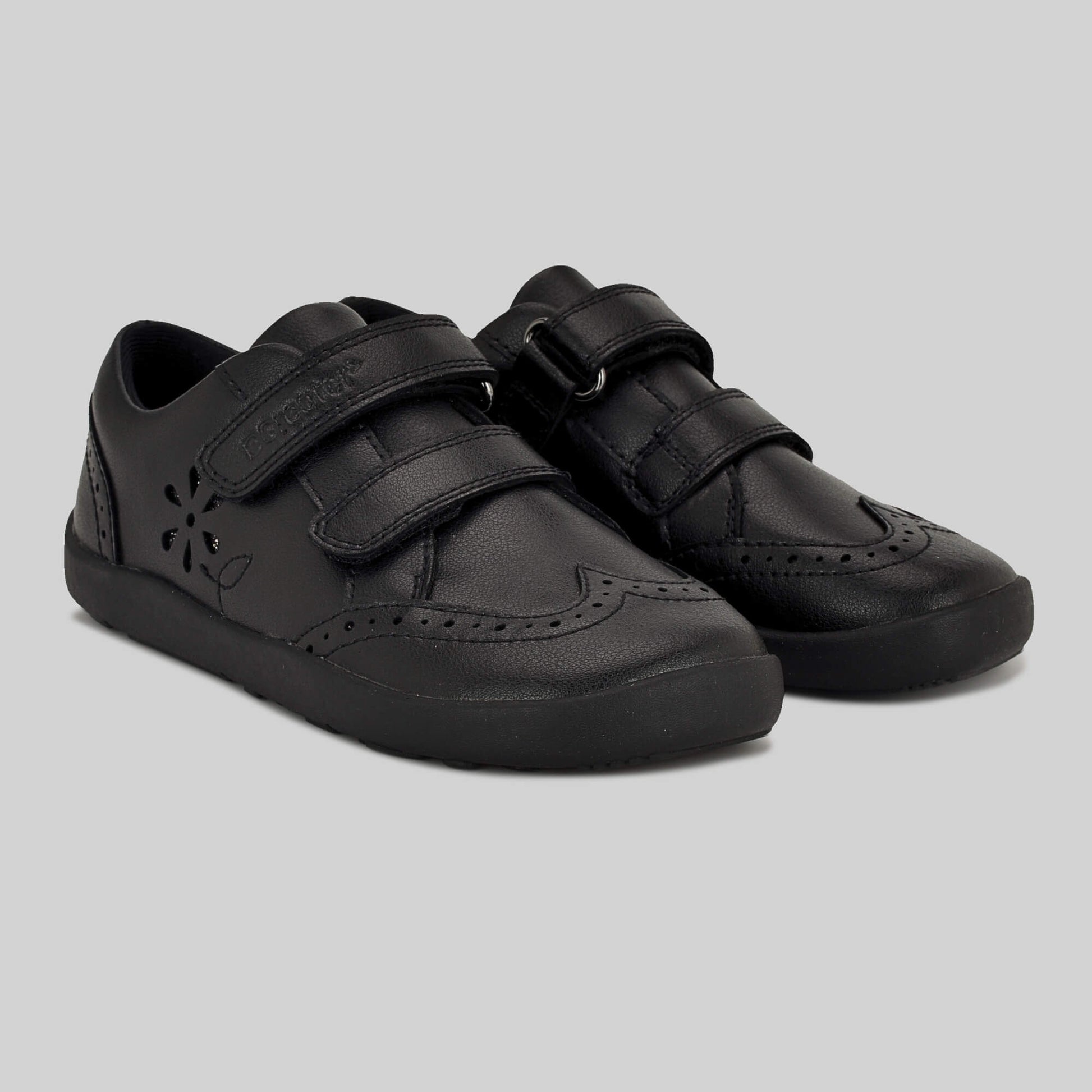 Matte black barefoot girls school shoe - left and right