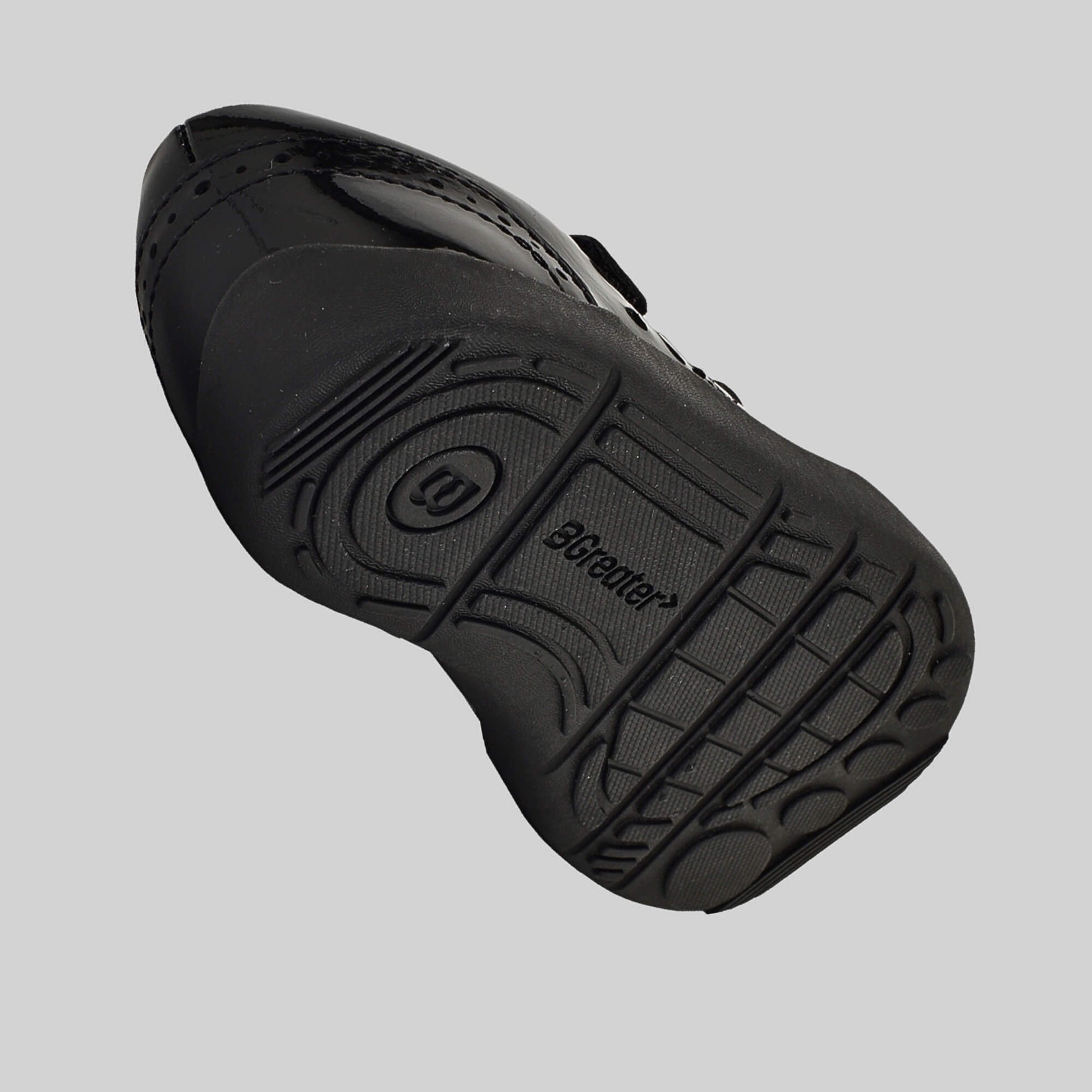 Patent black barefoot girls school shoe - floating