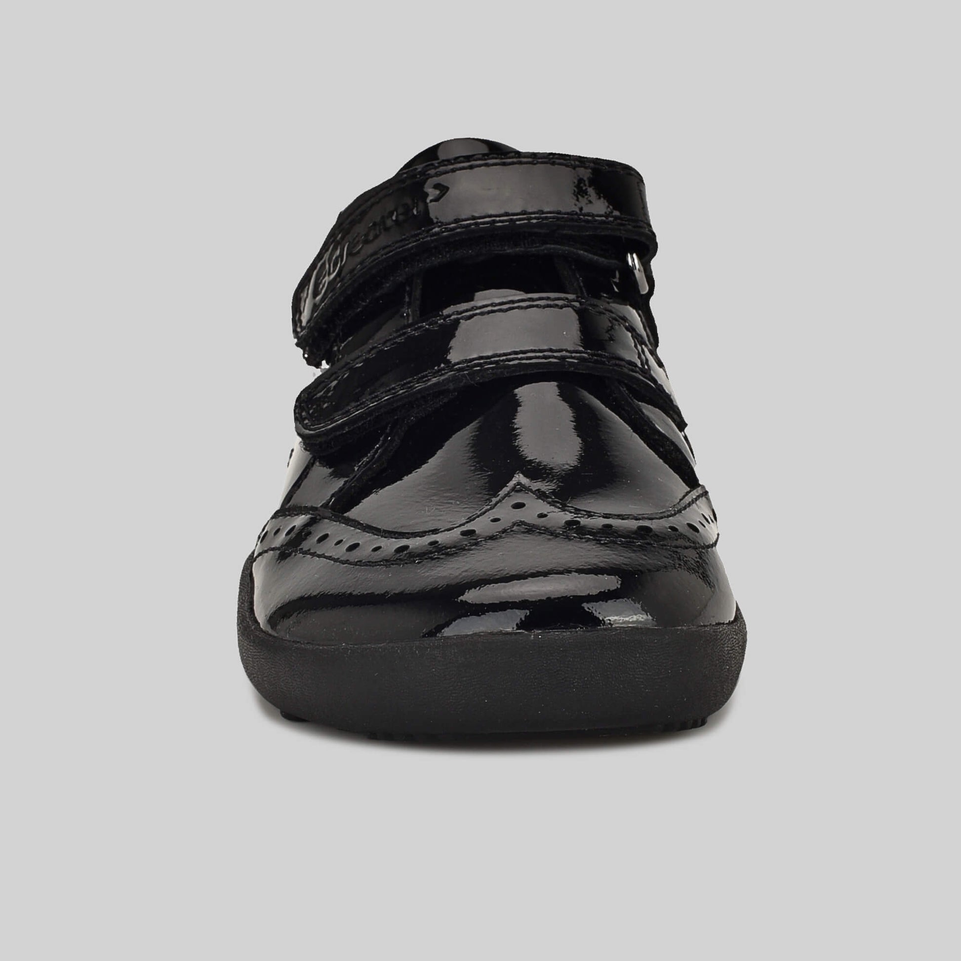Patent black barefoot girls school shoe - front