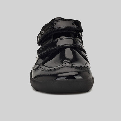 Patent black barefoot girls school shoe - front