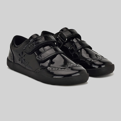 Patent black barefoot girls school shoe - left and right