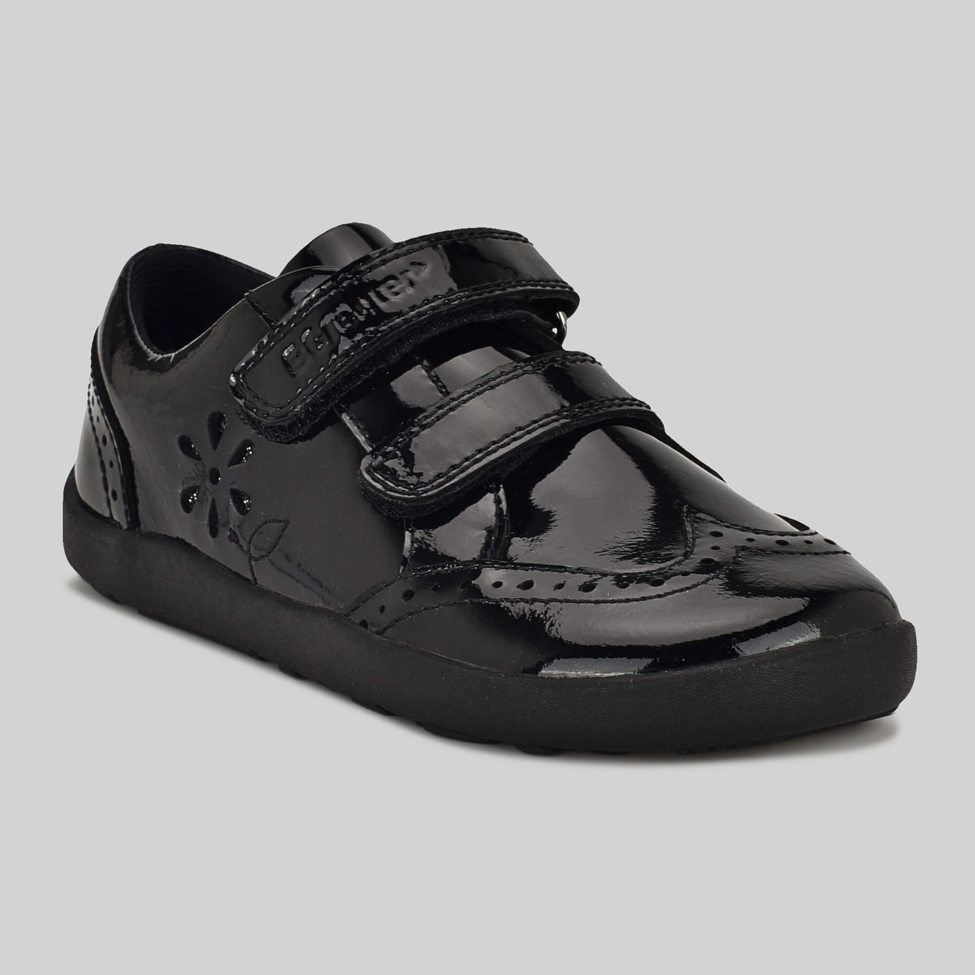 Patent black barefoot girls school shoe - main feature photo