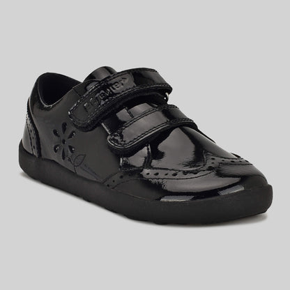Patent black barefoot girls school shoe - main feature photo
