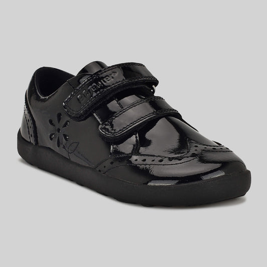 Patent black barefoot girls school shoe - main feature photo