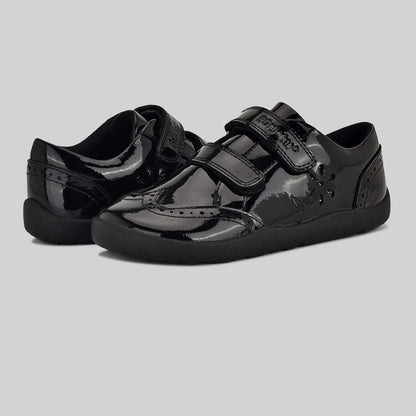 Patent black barefoot girls school shoe - pair facing